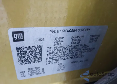 2023 Chevrolet Trailblazer Awd Activ z USA, uszkodzony, nr VIN KL79MSSL4PB156729